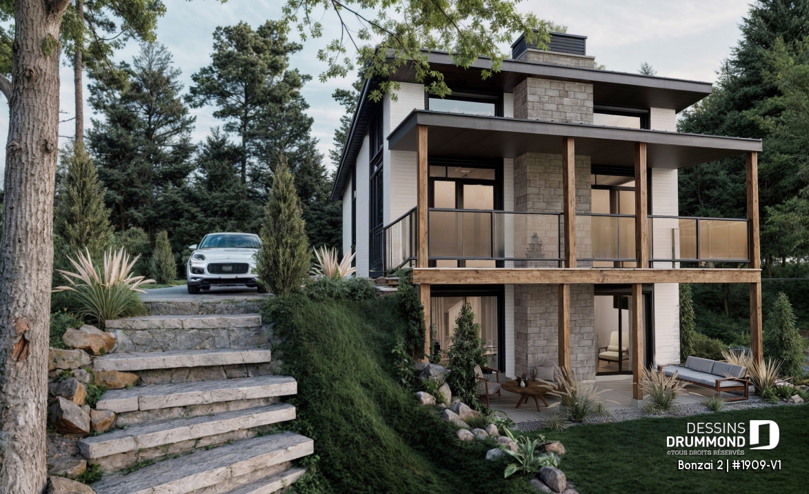 Vue arrière - MODÈLE DE BASE - Plan de maison genre petit chalet moderne offrant magnifique lumière naturelle et rez-de-jardin aménagé - Bonzai 2