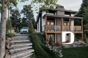 Vue arrière - MODÈLE DE BASE - Plan de maison genre petit chalet moderne offrant magnifique lumière naturelle et rez-de-jardin aménagé - Bonzai 2