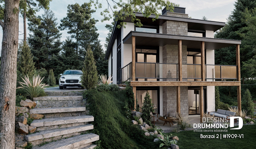 Vue arrière - MODÈLE DE BASE - Plan de maison genre petit chalet moderne offrant magnifique lumière naturelle et rez-de-jardin aménagé - Bonzai 2