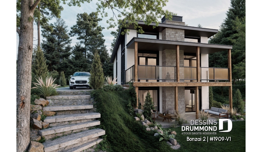 Vue arrière - MODÈLE DE BASE - Plan de maison genre petit chalet moderne offrant magnifique lumière naturelle et rez-de-jardin aménagé - Bonzai 2