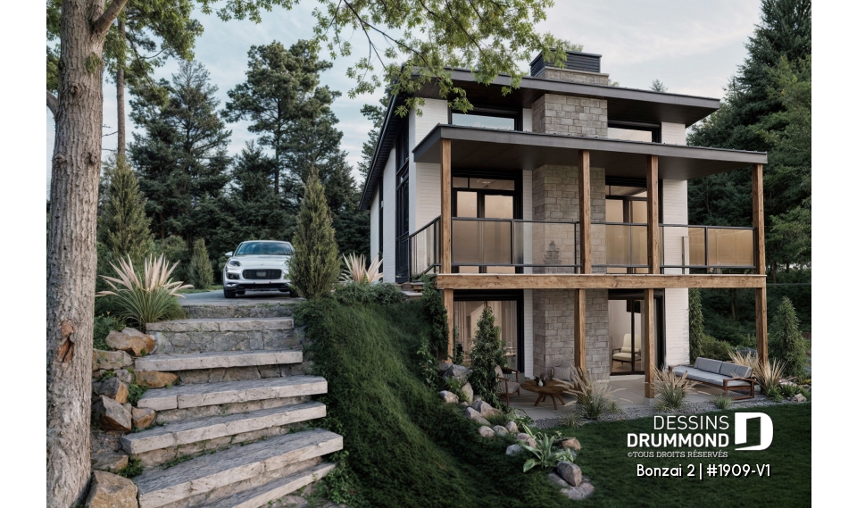 Vue arrière - MODÈLE DE BASE - Plan de maison genre petit chalet moderne offrant magnifique lumière naturelle et rez-de-jardin aménagé - Bonzai 2