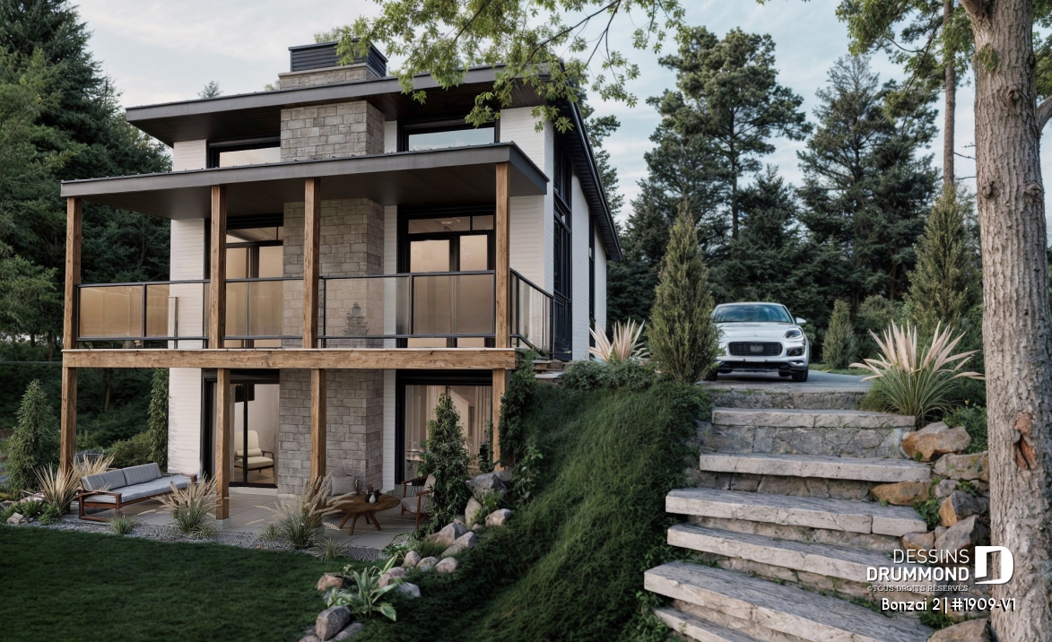 Vue arrière - MODÈLE DE BASE - Plan de maison genre petit chalet moderne offrant magnifique lumière naturelle et rez-de-jardin aménagé - Bonzai 2