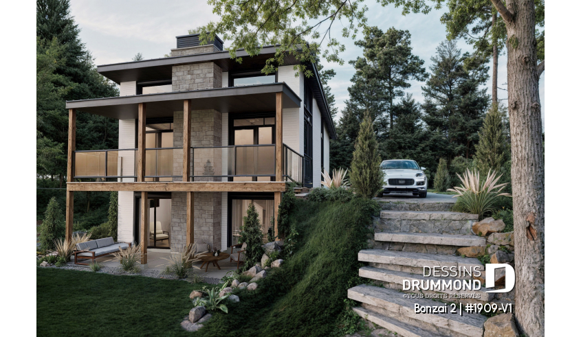 Vue arrière - MODÈLE DE BASE du plan de maison unifamiliale 1909-V1 Vue arrière - MODÈLE DE BASE - Plan de maison genre petit chalet moderne offrant magnifique lumière naturelle et rez-de-jardin aménagé - Bonzai 2