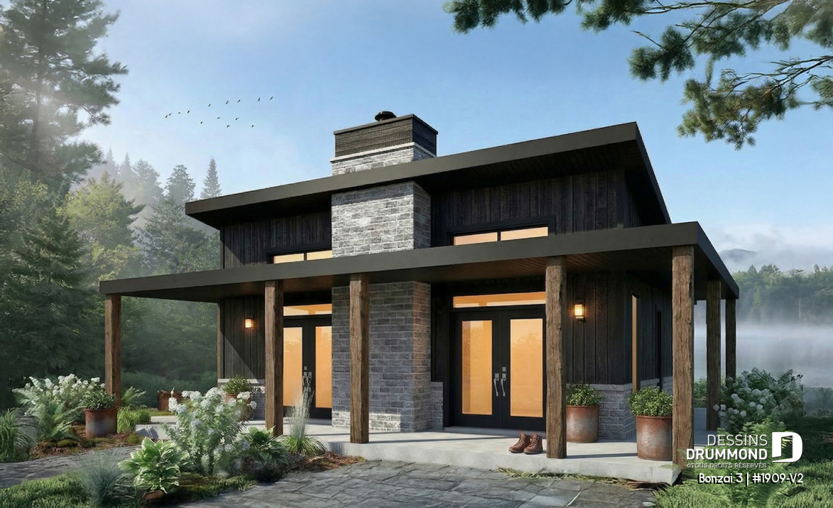 Vue avant - MODÈLE DE BASE - Plan de petit chalet moderne abordable de 930 pi² avec 2 chambres, foyer central et style chaleureux - Bonzai 3