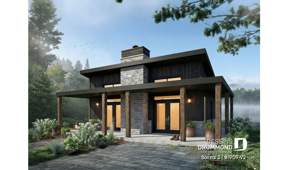 Vue avant - MODÈLE DE BASE - Plan de petit chalet moderne abordable de 930 pi² avec 2 chambres, foyer central et style chaleureux - Bonzai 3