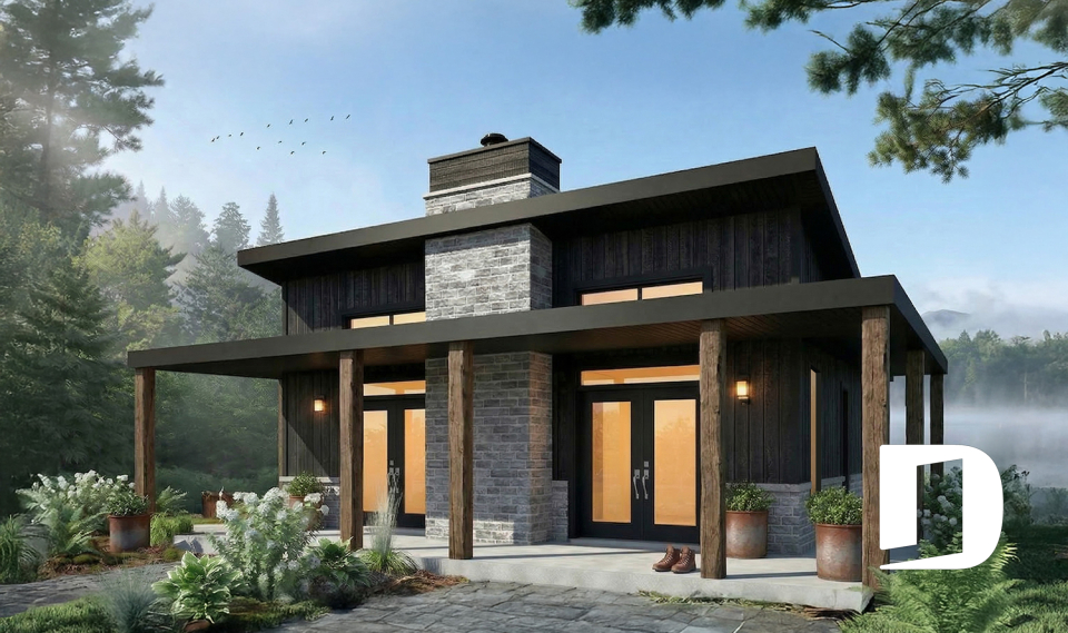 Vue avant - MODÈLE DE BASE - Plan de petit chalet moderne abordable de 930 pi² avec 2 chambres, foyer central et style chaleureux - Bonzai 3