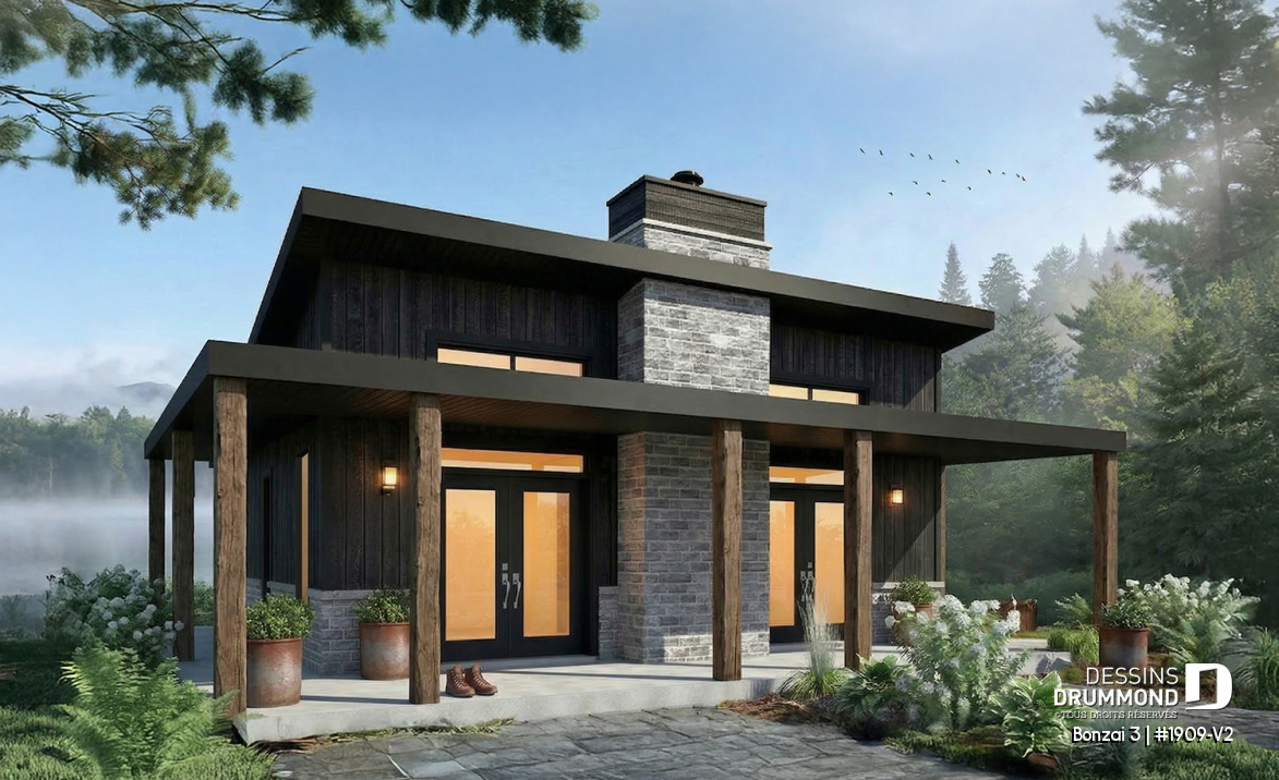 Vue avant - MODÈLE DE BASE - Plan de petit chalet moderne abordable de 930 pi² avec 2 chambres, foyer central et style chaleureux - Bonzai 3