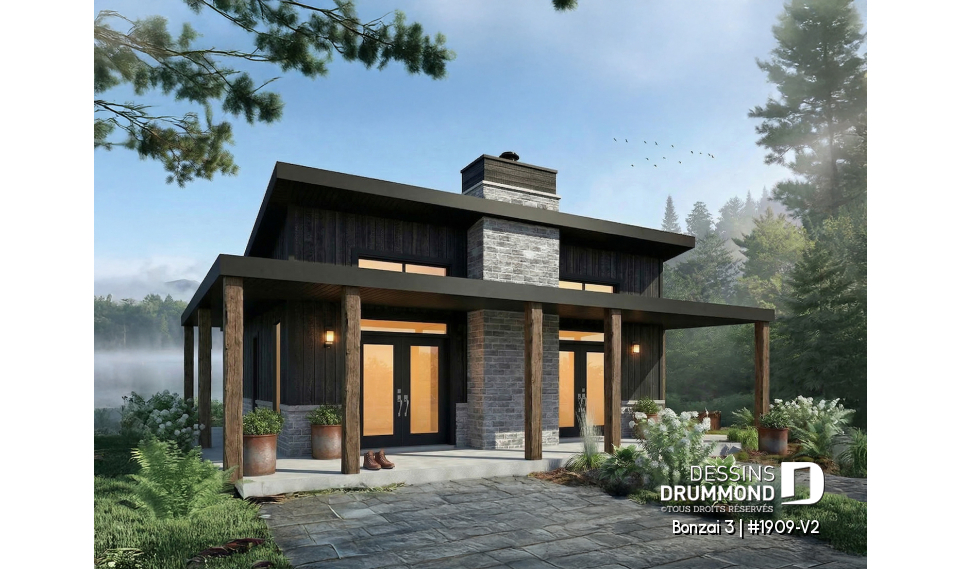 Vue avant - MODÈLE DE BASE - Plan de petit chalet moderne abordable de 930 pi² avec 2 chambres, foyer central et style chaleureux - Bonzai 3
