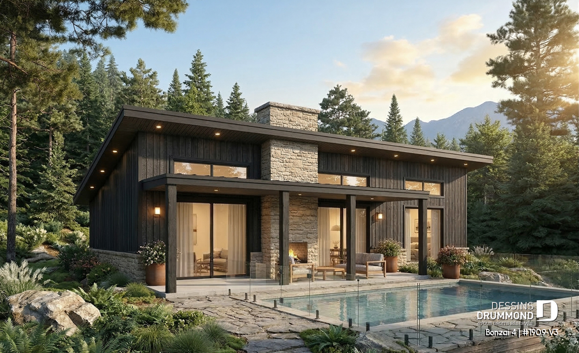 Vue arrière - MODÈLE DE BASE - Plan de chalet moderne plain-pied avec 3 chambres, dalle flottante et foyer extérieur - Bonzai 4