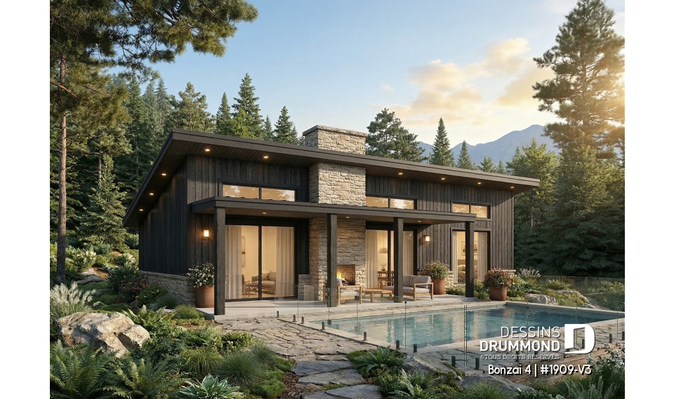 Vue arrière - MODÈLE DE BASE - Plan de chalet moderne plain-pied avec 3 chambres, dalle flottante et foyer extérieur - Bonzai 4
