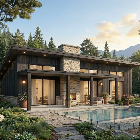 Vue arrière - MODÈLE DE BASE - Plan de chalet moderne plain-pied avec 3 chambres, dalle flottante et foyer extérieur - Bonzai 4