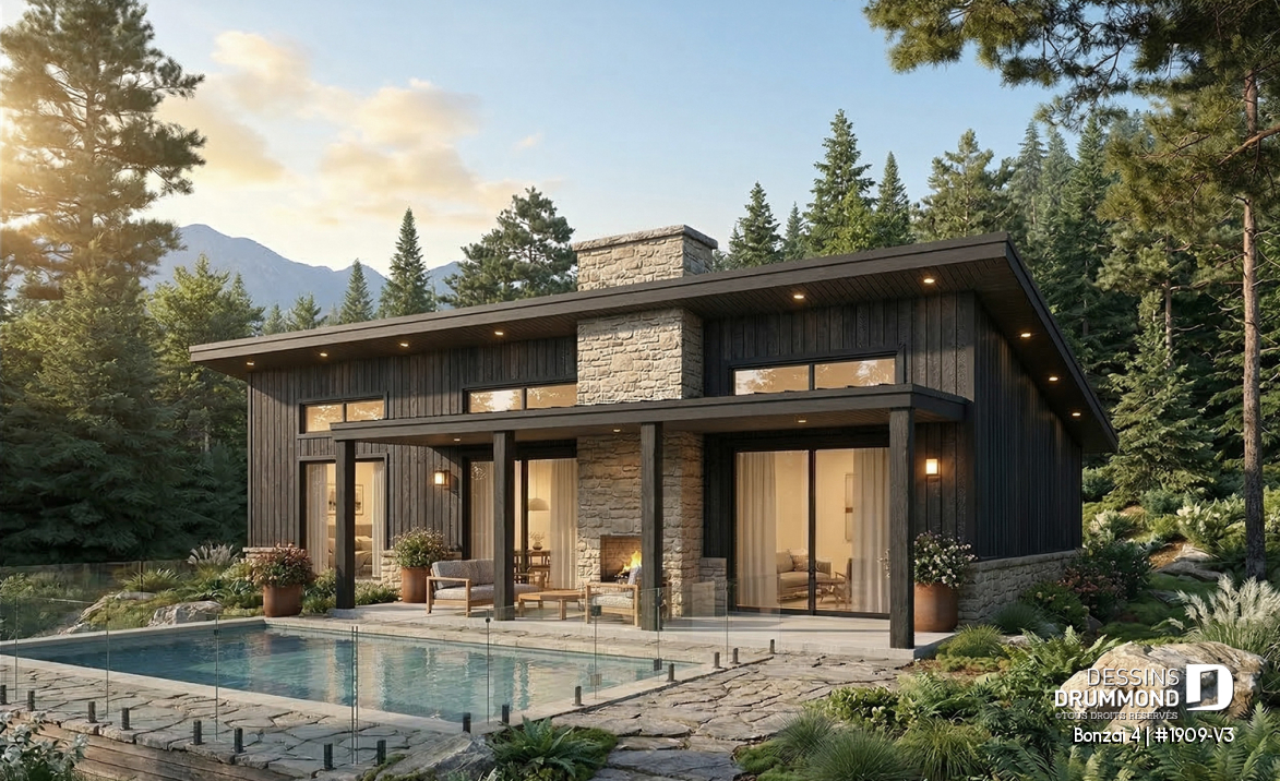 Vue arrière - MODÈLE DE BASE - Plan de chalet moderne plain-pied avec 3 chambres, dalle flottante et foyer extérieur - Bonzai 4