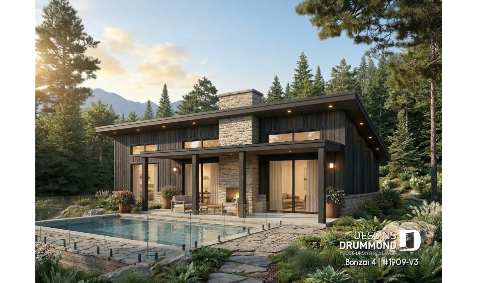 Vue arrière - MODÈLE DE BASE - Plan de chalet moderne plain-pied avec 3 chambres, dalle flottante et foyer extérieur - Bonzai 4