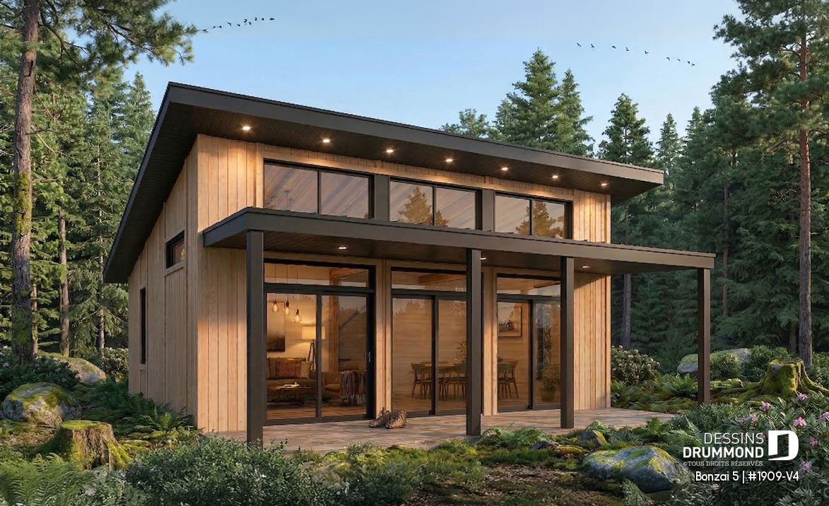 Vue avant - MODÈLE DE BASE - Plan de chalet moderne plain-pied économique avec 2 chambres et grand balcon couvert - Bonzai 5
