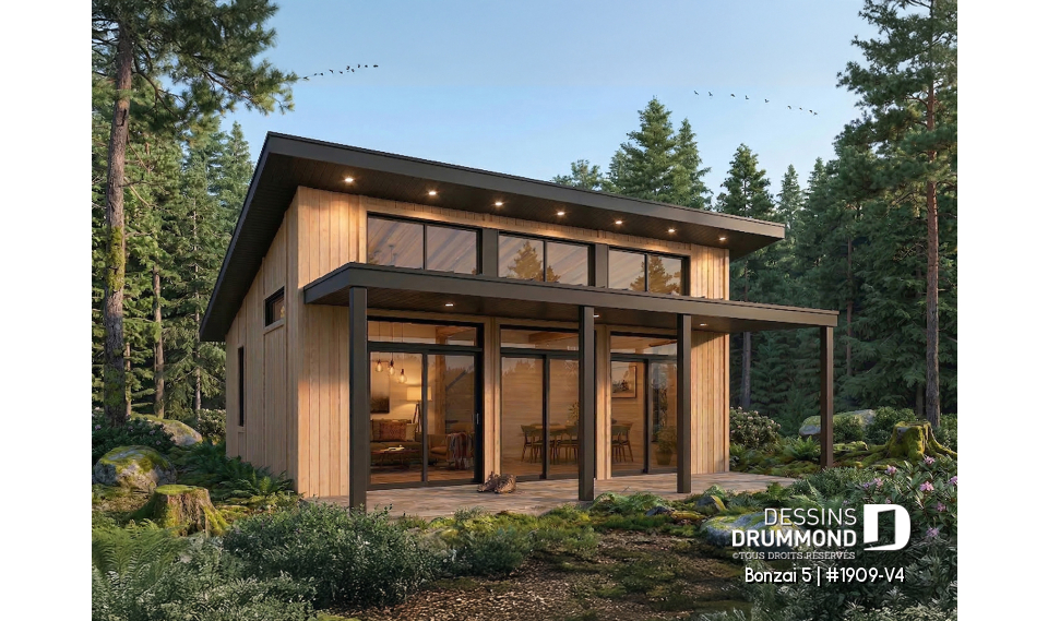 Vue avant - MODÈLE DE BASE - Plan de chalet moderne plain-pied économique avec 2 chambres et grand balcon couvert - Bonzai 5