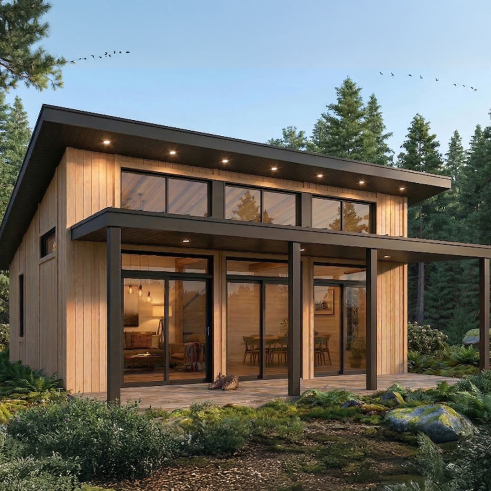 Vue avant - MODÈLE DE BASE - Plan de chalet moderne plain-pied économique avec 2 chambres et grand balcon couvert - Bonzai 5