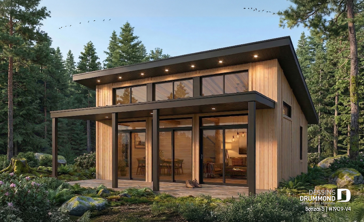 Vue avant - MODÈLE DE BASE - Plan de chalet moderne plain-pied économique avec 2 chambres et grand balcon couvert - Bonzai 5