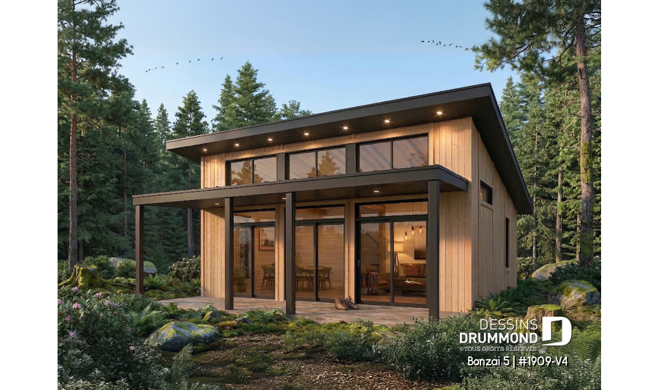 Vue avant - MODÈLE DE BASE - Plan de chalet moderne plain-pied économique avec 2 chambres et grand balcon couvert - Bonzai 5