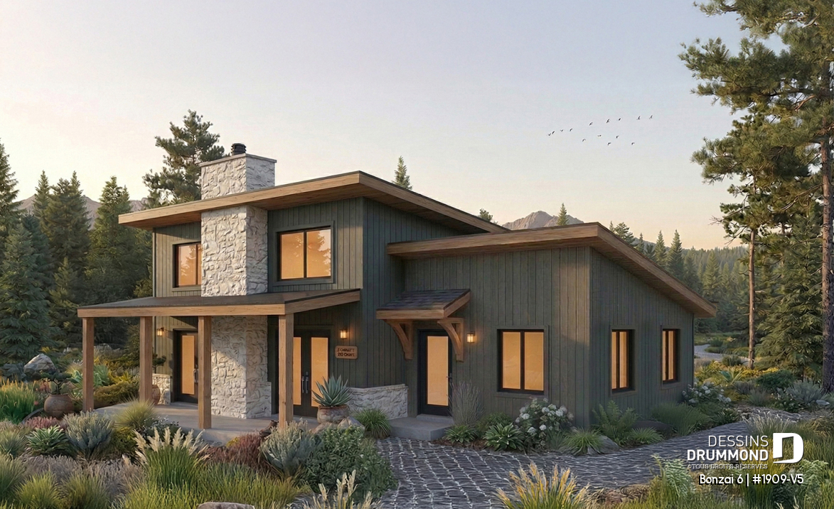 Vue avant - MODÈLE DE BASE - Plan de chalet moderne rustique plain-pied avec 3 chambres, foyer central, dalle et grande terrasse couverte - Bonzai 6