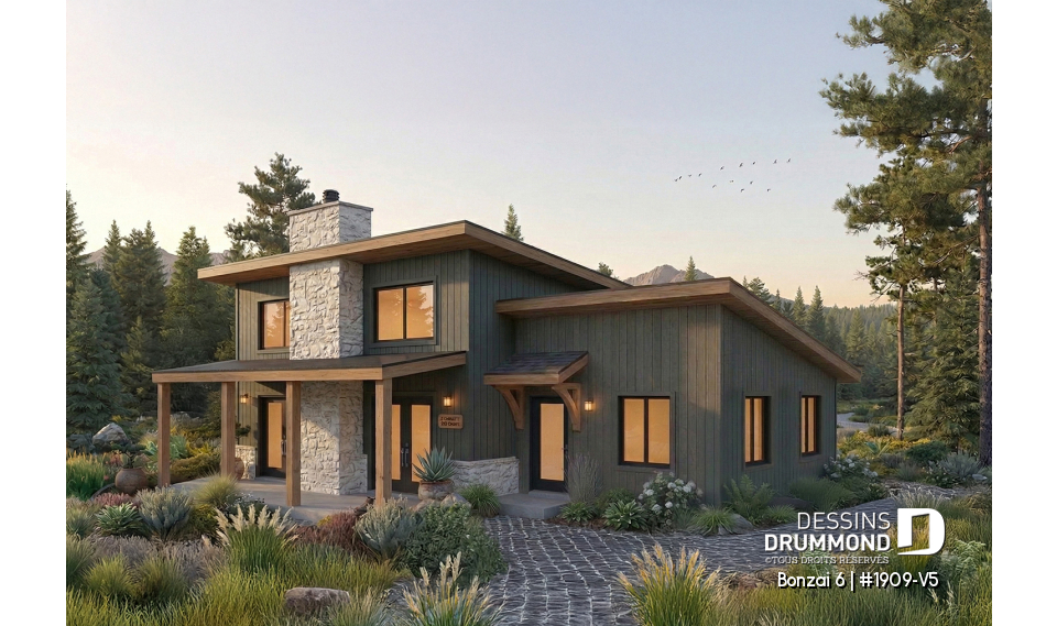 Vue avant - MODÈLE DE BASE - Plan de chalet moderne rustique plain-pied avec 3 chambres, foyer central, dalle et grande terrasse couverte - Bonzai 6
