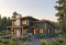 Vue avant - MODÈLE DE BASE - Plan de chalet moderne rustique plain-pied avec 3 chambres, foyer central, dalle et grande terrasse couverte - Bonzai 6