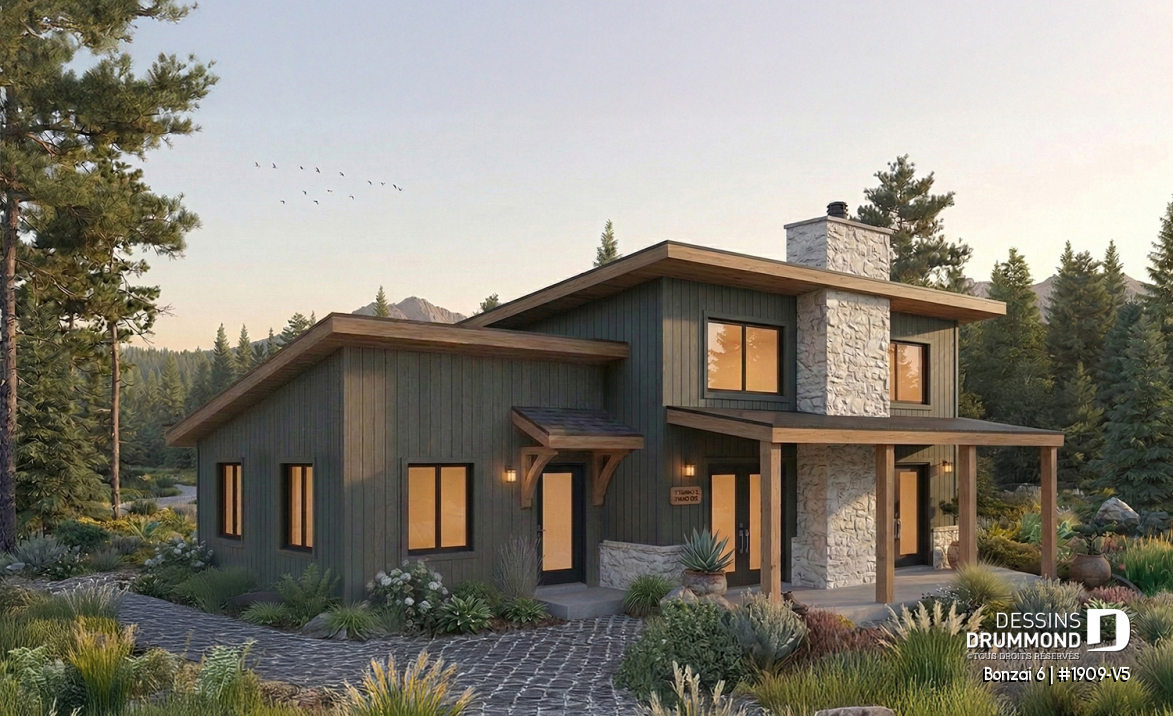 Vue avant - MODÈLE DE BASE - Plan de chalet moderne rustique plain-pied avec 3 chambres, foyer central, dalle et grande terrasse couverte - Bonzai 6