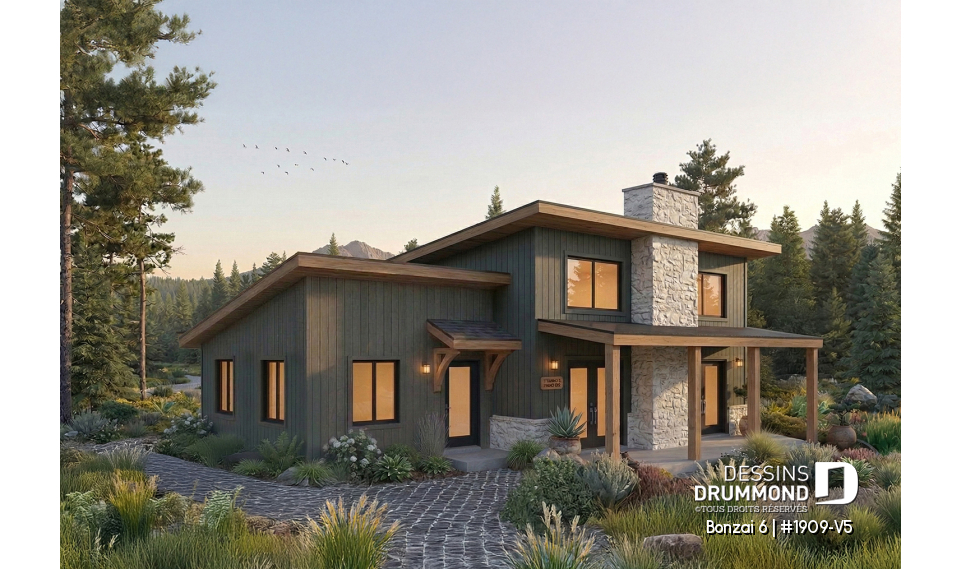 Vue avant - MODÈLE DE BASE - Plan de chalet moderne rustique plain-pied avec 3 chambres, foyer central, dalle et grande terrasse couverte - Bonzai 6