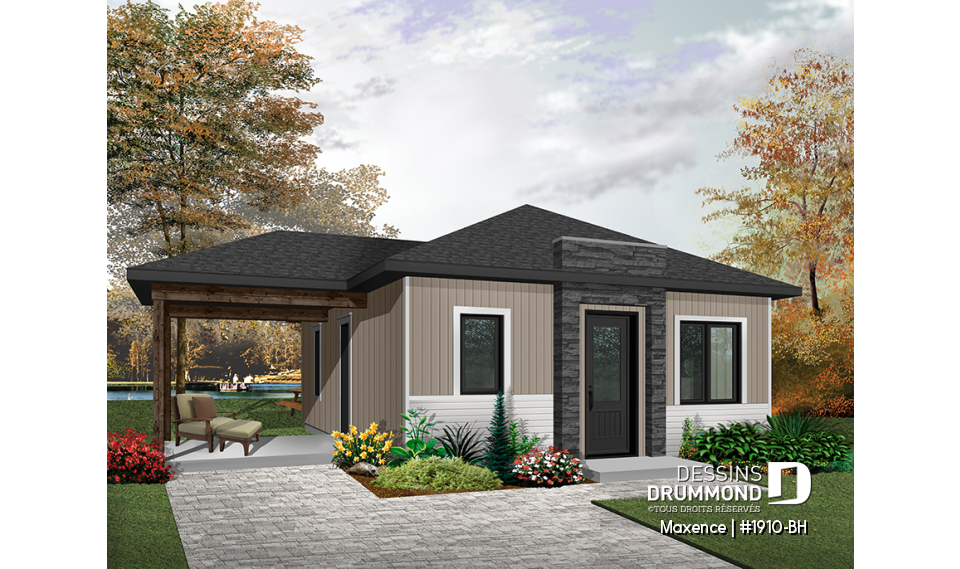 Vue avant - MODÈLE DE BASE - Maison contemporaine abordable, 2 chambres, cuisine et séjour à aire ouverte, terrasse latérale - Maxence