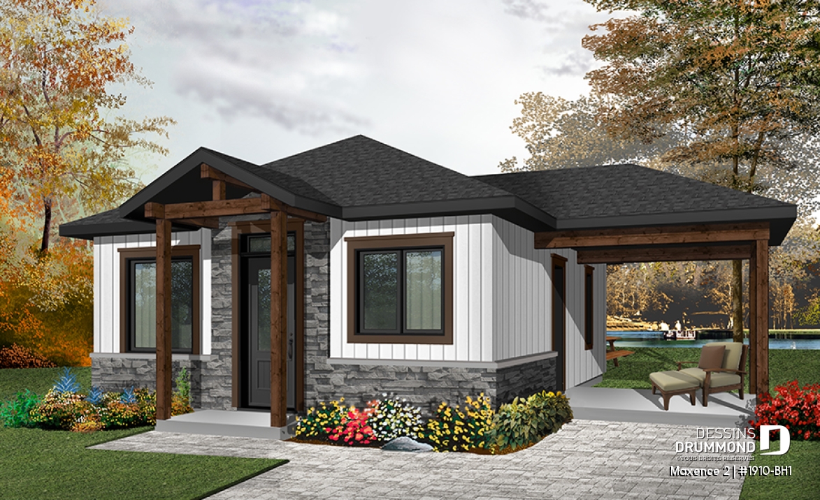 Vue avant - MODÈLE DE BASE - Plan de maison moderne rustique, 2 chambres, aire ouverte à la cuisine et salle familiale, grand patio couvert - Maxence 2