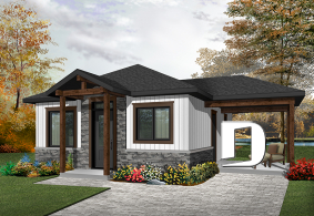 Vue avant - MODÈLE DE BASE - Plan de maison moderne rustique, 2 chambres, aire ouverte à la cuisine et salle familiale, grand patio couvert - Maxence 2