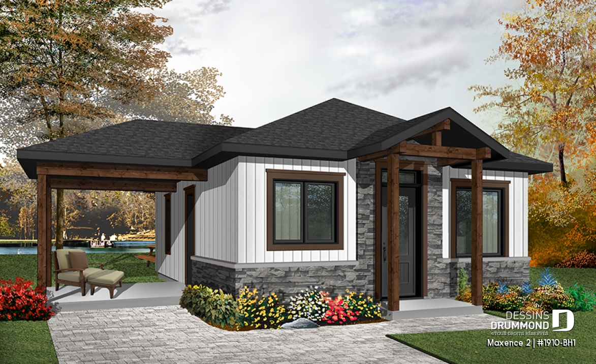 Vue avant - MODÈLE DE BASE - Plan de maison moderne rustique, 2 chambres, aire ouverte à la cuisine et salle familiale, grand patio couvert - Maxence 2