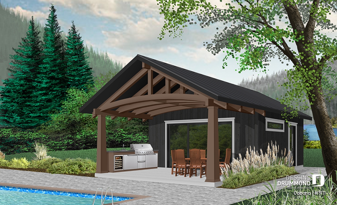 Version couleur no. 8 - Vue avant - Pavillon extérieur, terrasse couverte avec cuisine extérieure, séjour, salle de bain, rangement - Cabana