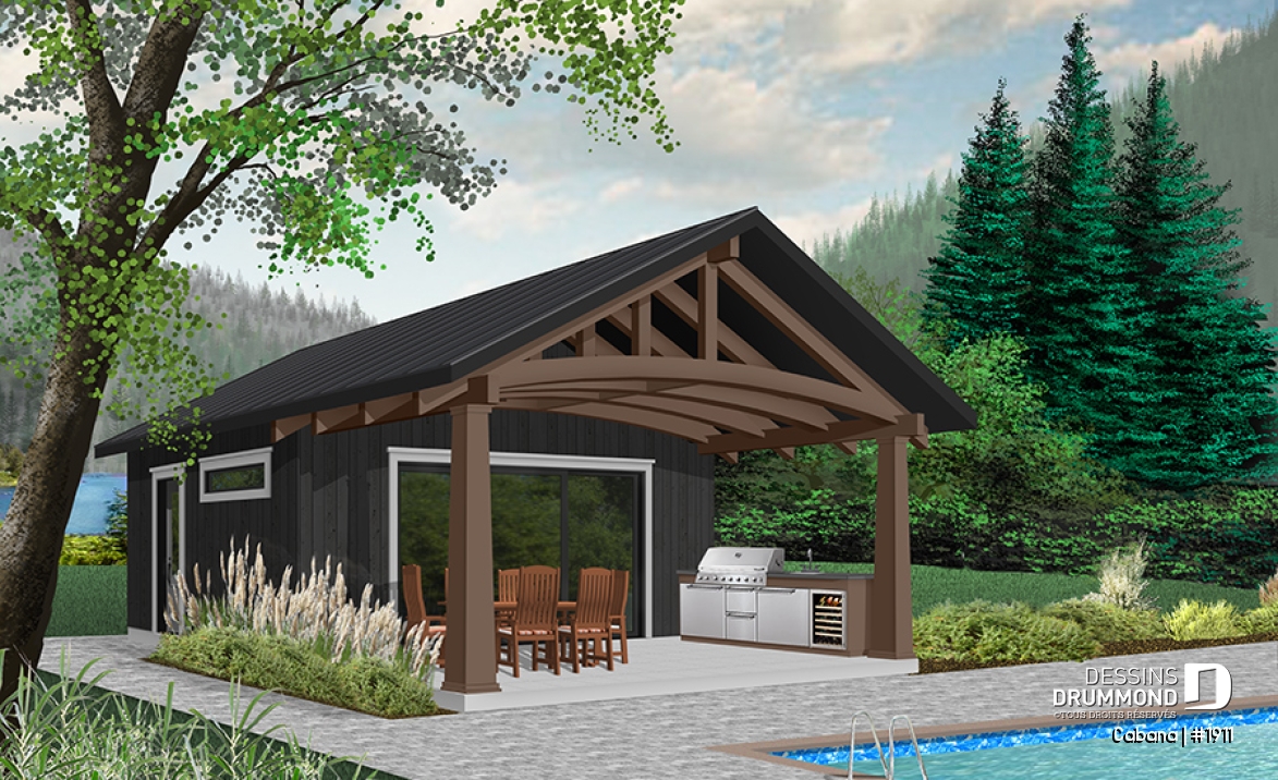Version couleur no. 8 - Vue avant - Pavillon extérieur, terrasse couverte avec cuisine extérieure, séjour, salle de bain, rangement - Cabana
