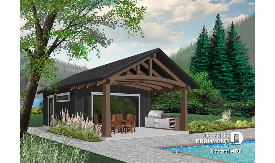 Version couleur no. 8 - Vue avant - Pavillon extérieur, terrasse couverte avec cuisine extérieure, séjour, salle de bain, rangement - Cabana