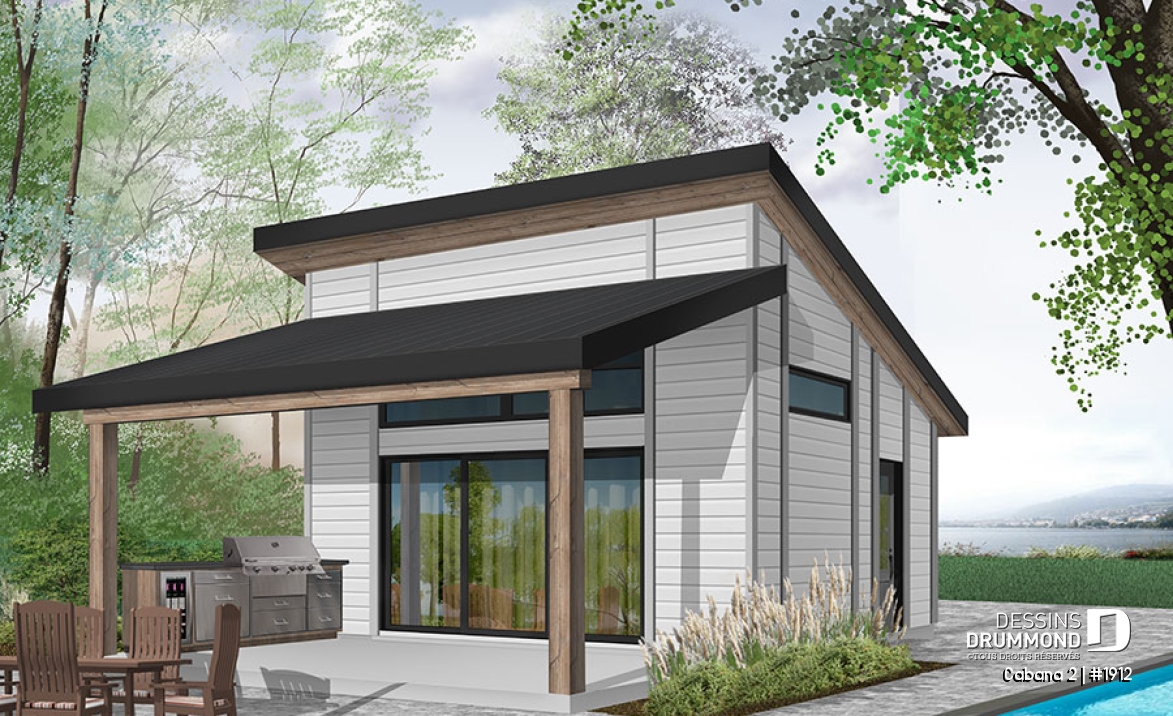 Vue avant - MODÈLE DE BASE - Pavillon extérieur, terrasse couverte avec cuisine extérieure, séjour, salle de bain, rangement - Cabana 2