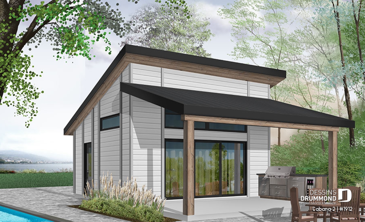 Vue avant - MODÈLE DE BASE - Pavillon extérieur, terrasse couverte avec cuisine extérieure, séjour, salle de bain, rangement - Cabana 2