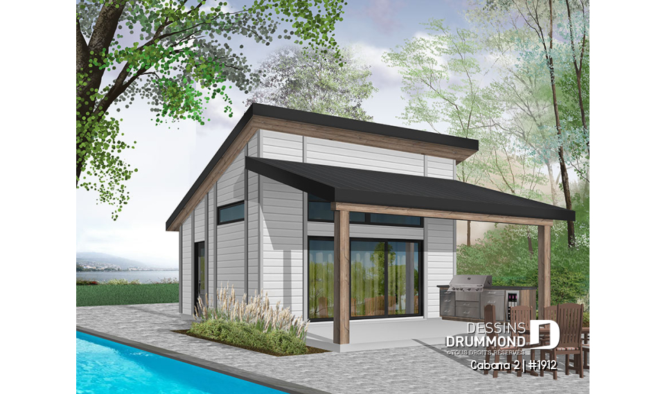 Vue avant - MODÈLE DE BASE - Pavillon extérieur, terrasse couverte avec cuisine extérieure, séjour, salle de bain, rangement - Cabana 2