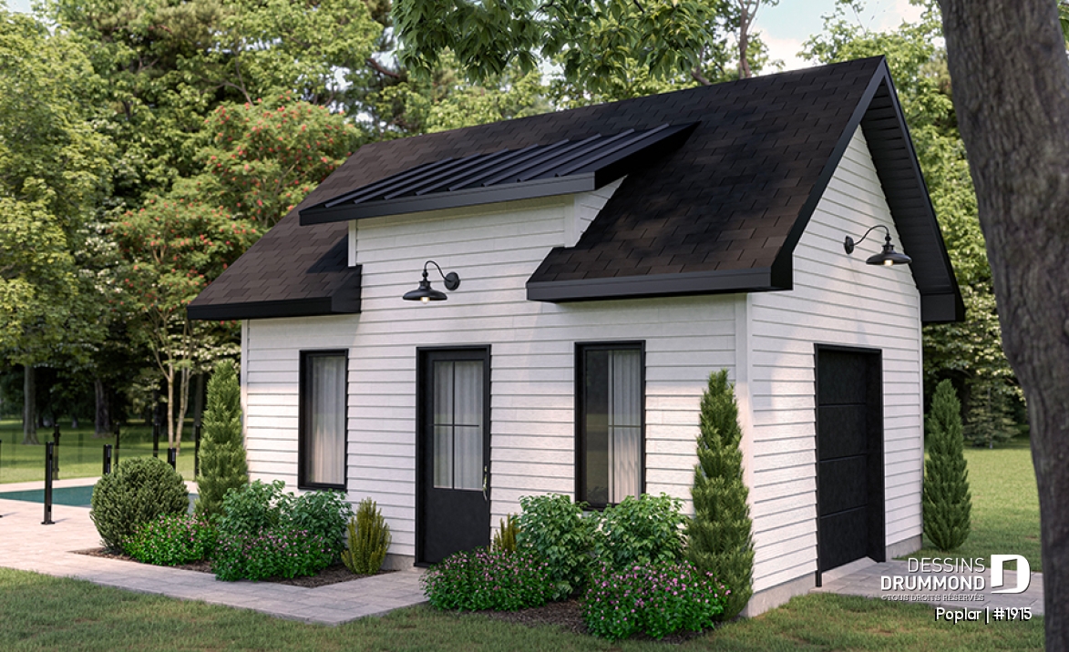 Vue avant - MODÈLE DE BASE - Plan de remise avec porte de garage pour rangement de véhicules hors route - Poplar