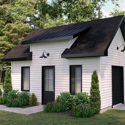 Vue avant - MODÈLE DE BASE - Plan de remise avec porte de garage pour rangement de véhicules hors route - Poplar