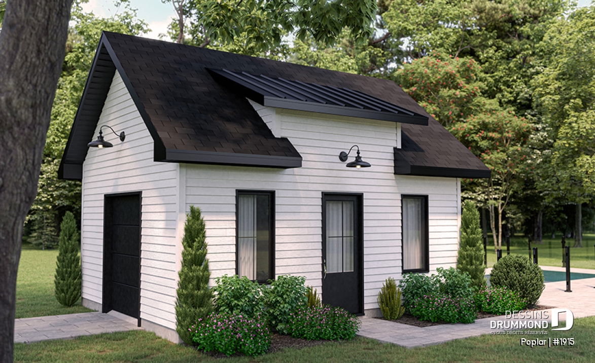 Vue avant - MODÈLE DE BASE - Plan de remise avec porte de garage pour rangement de véhicules hors route - Poplar