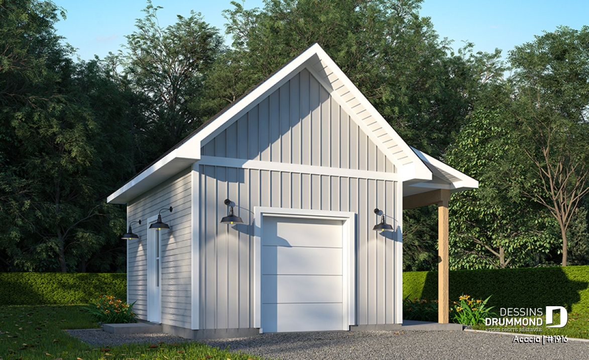 Vue avant - MODÈLE DE BASE - Plan de remise avec salle de bain, appentis permettant de ranger des vélos ou bois à l'abris - Acacia