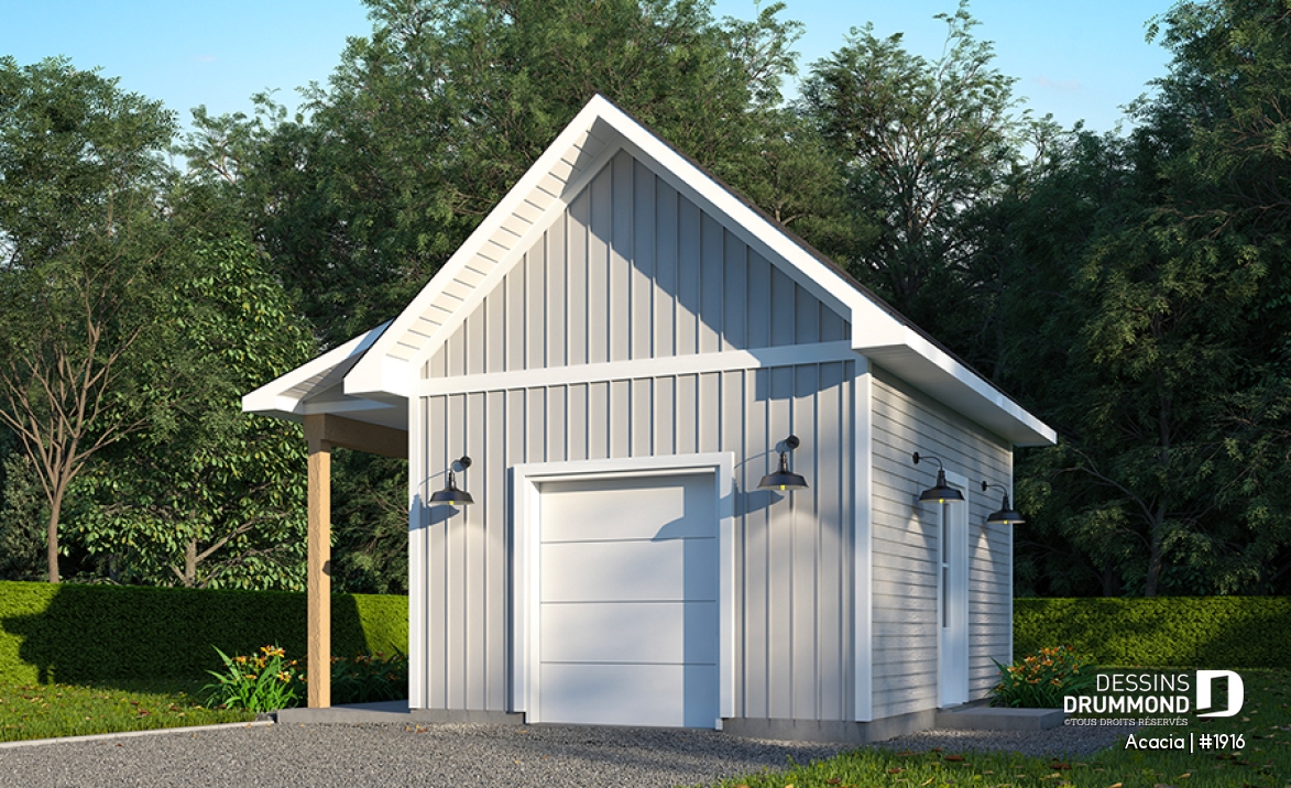 Vue avant - MODÈLE DE BASE - Plan de remise avec salle de bain, appentis permettant de ranger des vélos ou bois à l'abris - Acacia