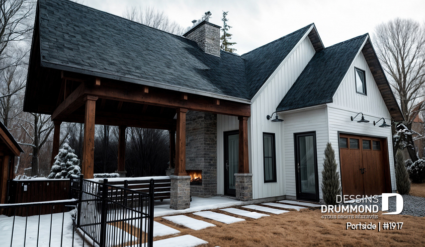 Vue avant - MODÈLE DE BASE - Plan pour garage, bateau, petit motorisé ou voiture proposant une terrasse abritée, salle d'eau et rangement - Portside