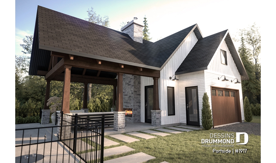 Vue avant - MODÈLE DE BASE - Plan pour garage, bateau, petit motorisé ou voiture proposant une terrasse abritée, salle d'eau et rangement - Portside