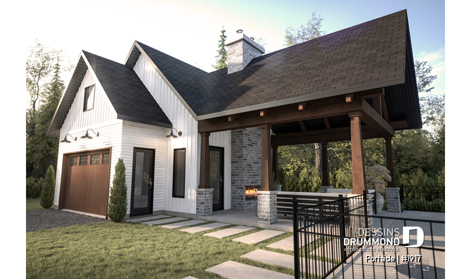 Vue avant - MODÈLE DE BASE - Plan pour garage, bateau, petit motorisé ou voiture proposant une terrasse abritée, salle d'eau et rangement - Portside