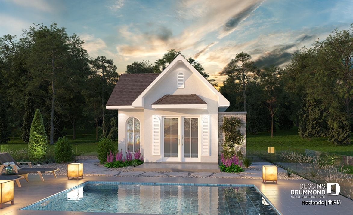 Vue avant - MODÈLE DE BASE - Modèle de pavillon de jardin, cuisine intérieure, salle de d'eau, rangement intérieur et douche extérieure - Hacienda