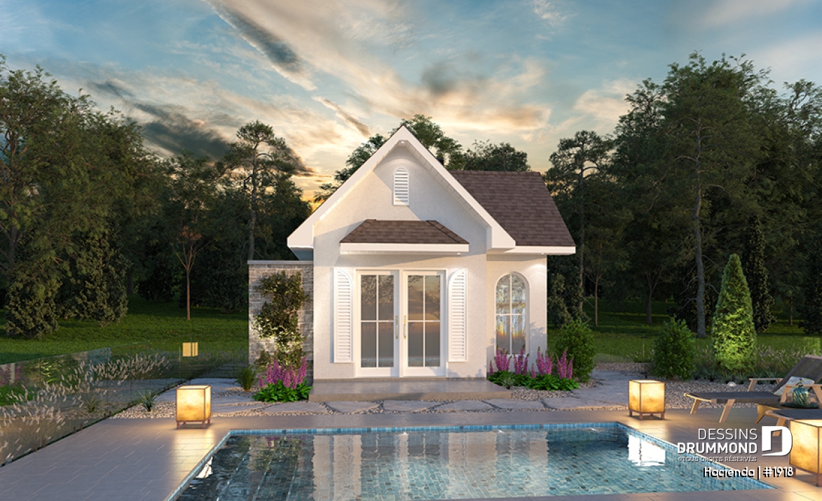 Vue avant - MODÈLE DE BASE - Modèle de pavillon de jardin, cuisine intérieure, salle de d'eau, rangement intérieur et douche extérieure - Hacienda
