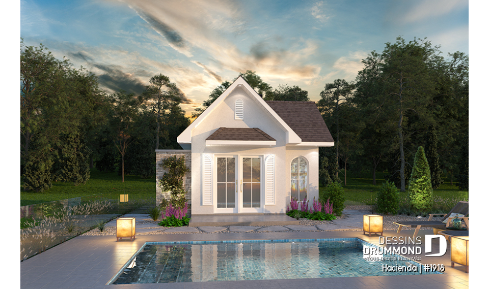 Vue avant - MODÈLE DE BASE - Modèle de pavillon de jardin, cuisine intérieure, salle de d'eau, rangement intérieur et douche extérieure - Hacienda