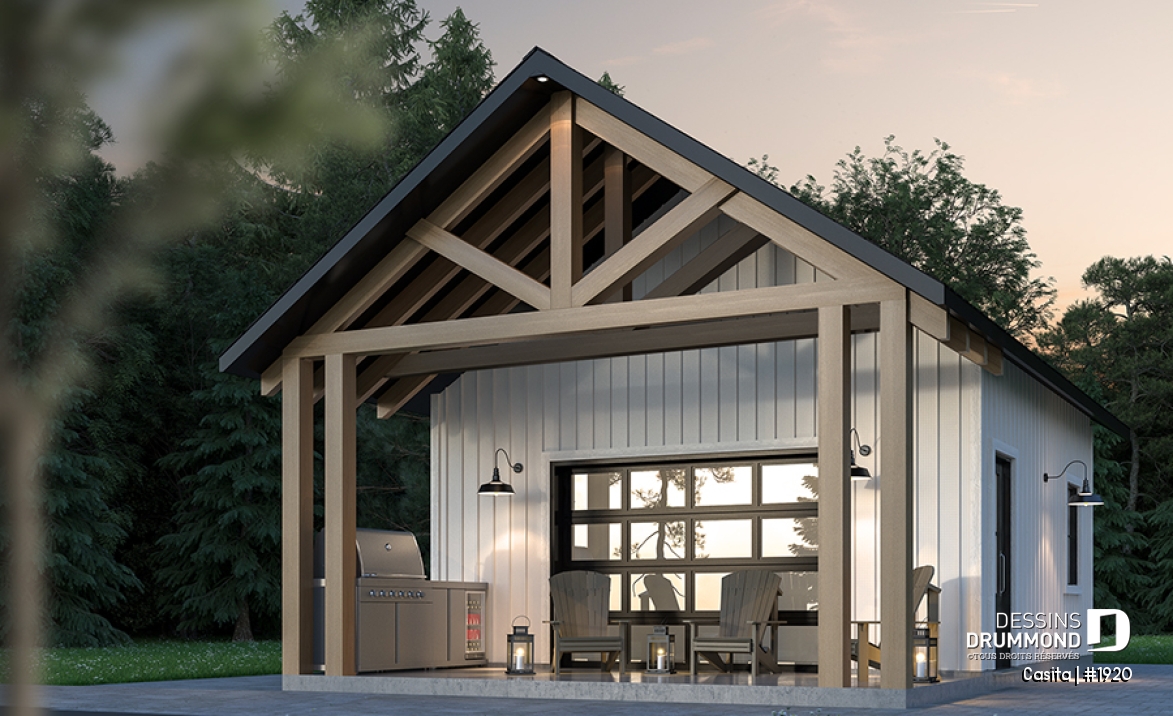 Vue avant - MODÈLE DE BASE - Plan de pavillon de jardin avec rangement, espace versatile intérieure avec cathédral - Casita