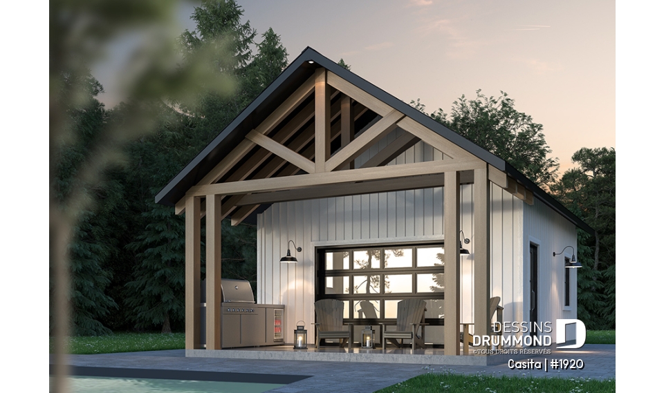 Vue avant - MODÈLE DE BASE - Plan de pavillon de jardin avec rangement, espace versatile intérieure avec cathédral - Casita